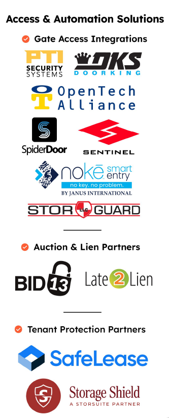 Storage facility integration partners including gate access, auction, and tenant protection platforms